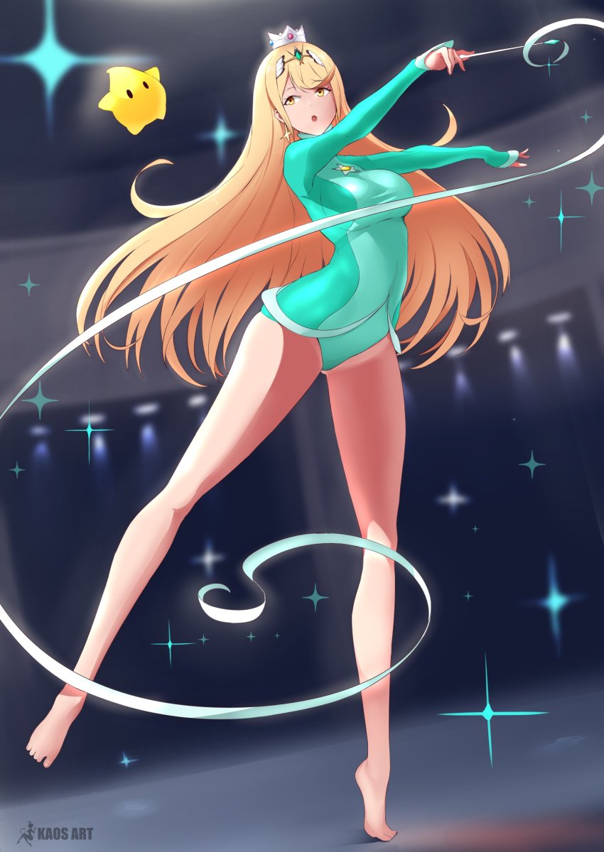 1girl, absurdres, athletic_leotard, bare_legs, barefoot, blonde_hair, blush, breasts, cleavage, cosplay, crown, earrings, feet, female_focus, full_body, gymnastics, highres, jewelry, kaos_art, legs, leotard, long_hair, looking_at_viewer, luma_(mario), mario_&amp;_sonic_(series), mario_&amp;_sonic_at_the_olympic_games_(2007), mario_&amp;_sonic_at_the_rio_2016_olympic_games, mario_(series), matching_hair/eyes, mythra_(xenoblade), nintendo, rhythmic_gymnastics, ribbon, ribbon_baton, rosalina, rosalina_(cosplay), rosalina_(gymnastics), solo, star_(symbol), super_smash_bros., toes, xenoblade_chronicles_(series), xenoblade_chronicles_2, yellow_eyes