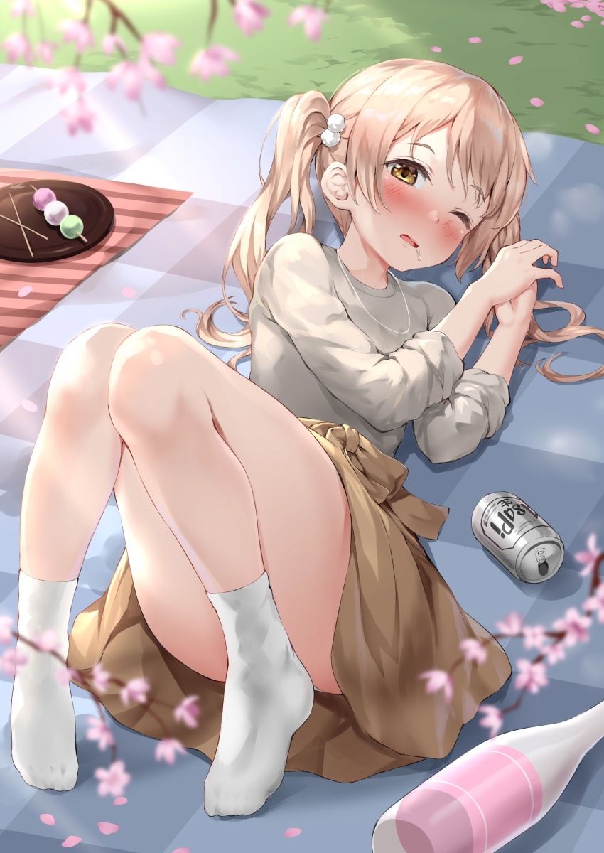 1girl, absurdres, beer_can, blanket, blonde_hair, blurry, blush, bottle