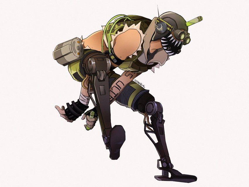 1boy, apex_legends, arms_between_legs, artist_name, bent_over, black_headwear, commentary, cropped_vest