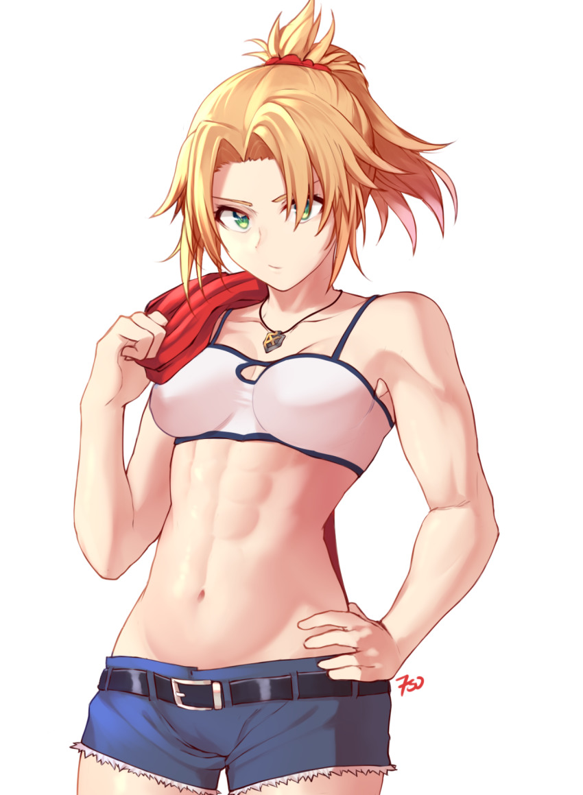 1girl, 7sukasa, abs, bandeau, bare_shoulders, belt, biceps, blonde_hair