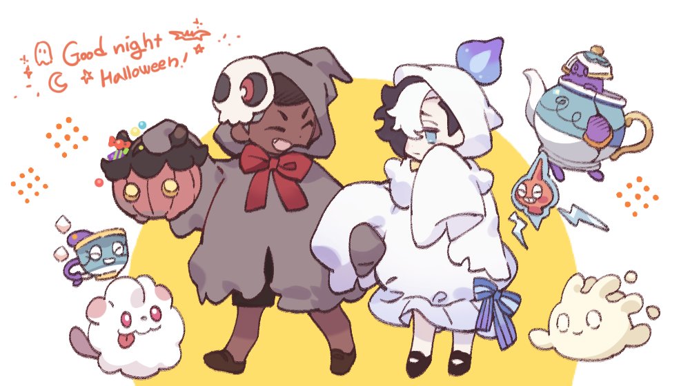 2boys, black_hair, bow, brown_footwear, brown_hair, closed_eyes, closed_mouth, commentary_request