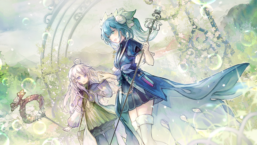 18_(backstreetno18), 2girls, :d, absurdres, ahoge, aqua_eyes, aromage_jasmine, aromage_rosemary, bag, beads, blue_hair, blue_neckwear, breasts, bubble, commentary, duel_monster, elbow_gloves, entrance, feet_out_of_frame, flower, gloves, grass, hair_between_eyes, hair_flower, hair_ornament, highres, holding, holding_hands, holding_staff, huge_filesize, interlocked_fingers, jacket, long_hair, multiple_girls, necktie, open_clothes, open_jacket, open_mouth, pantyhose, plant, puffy_short_sleeves, puffy_sleeves, purple_eyes, short_sleeves, smile, staff, thighhighs, vial, white_gloves, white_hair, white_legwear, yu-gi-oh!