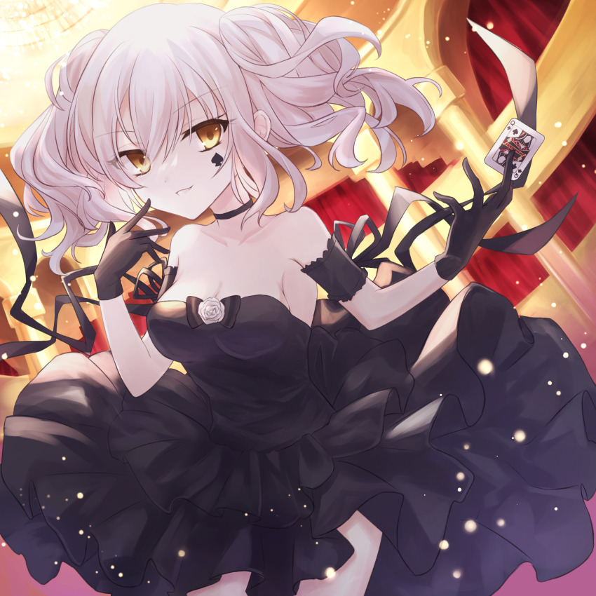 armband, bare_shoulders, bemani, black_choker, black_dress, black_gloves, breasts, card, chandelier, choker, cleavage, collarbone, column, commentary_request, cowboy_shot, dot_nose, dress, dutch_angle, finger_to_cheek, floating_hair, gloves, grin, hair_between_eyes, hand_up, highres, indoors, layered_skirt, lesyef103, medium_breasts, open_hand, open_mouth, original, outstretched_arm, pillar, playing_card, queen_(playing_card), queen_of_spades_(playing_card), curtains, short_twintails, sidelocks, skirt, sleeveless, smile, sound_voltex, spade_(shape), strapless, strapless_dress, tattoo, teeth, twintails, white_hair, yellow_eyes
