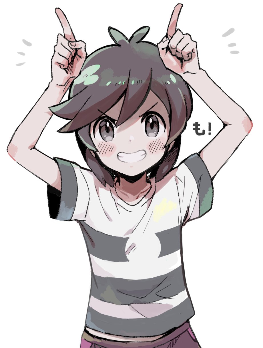 1boy, antenna_hair, arms_up, blush, clenched_teeth, collarbone, commentary_request, elio_(pokemon)