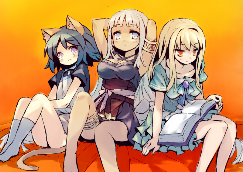 3girls, animal_ears, armpits, arms_behind_head, arms_up, blonde_hair, blue_hair, book