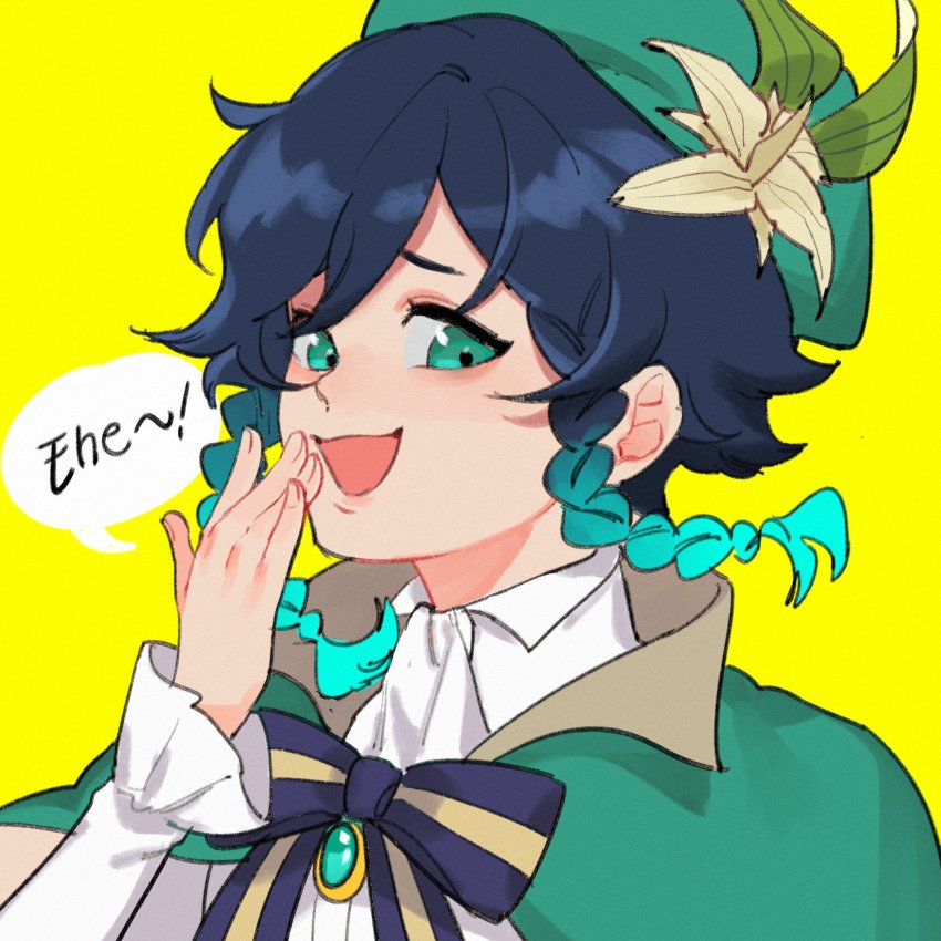 1boy, androgynous, beret, black_hair, blue_hair, bow, braid, brooch