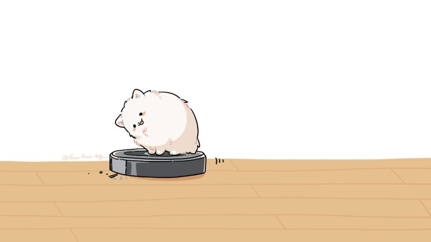 :3, animal, animal_focus, artist_name, black_eyes, blush_stickers, dog, dust, floor, fluffy, fuwa_fuwa_dog, looking_down, motion_lines, no_humans, open_mouth, original, riding, robotic_vacuum_cleaner, simple_background, sitting, solid_circle_eyes, solo, twitter_username, vacuum_cleaner, white_background, wooden_floor