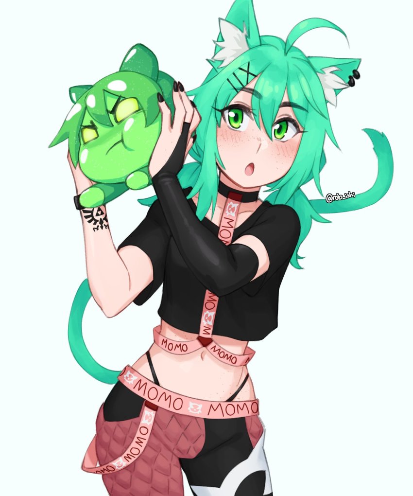 1girl, :o, ahoge, animal_ears, artist_name, belt, black_choker, black_nails, blush, bridal_gauntlets, cat_ears, cat_girl, cat_tail, choker, collarbone, commentary, commission, crop_top, green_eyes, green_hair, hair_between_eyes, hair_ornament, hands_up, highleg, highleg_panties, highres, holding, indie_virtual_youtuber, long_hair, looking_at_viewer, low_twintails, midriff, momo_(vtuber), nail_polish, navel, panties, pink_belt, pout, rob_ishi, short_sleeves, solo, tail, twintails, underwear, virtual_youtuber, x_hair_ornament
