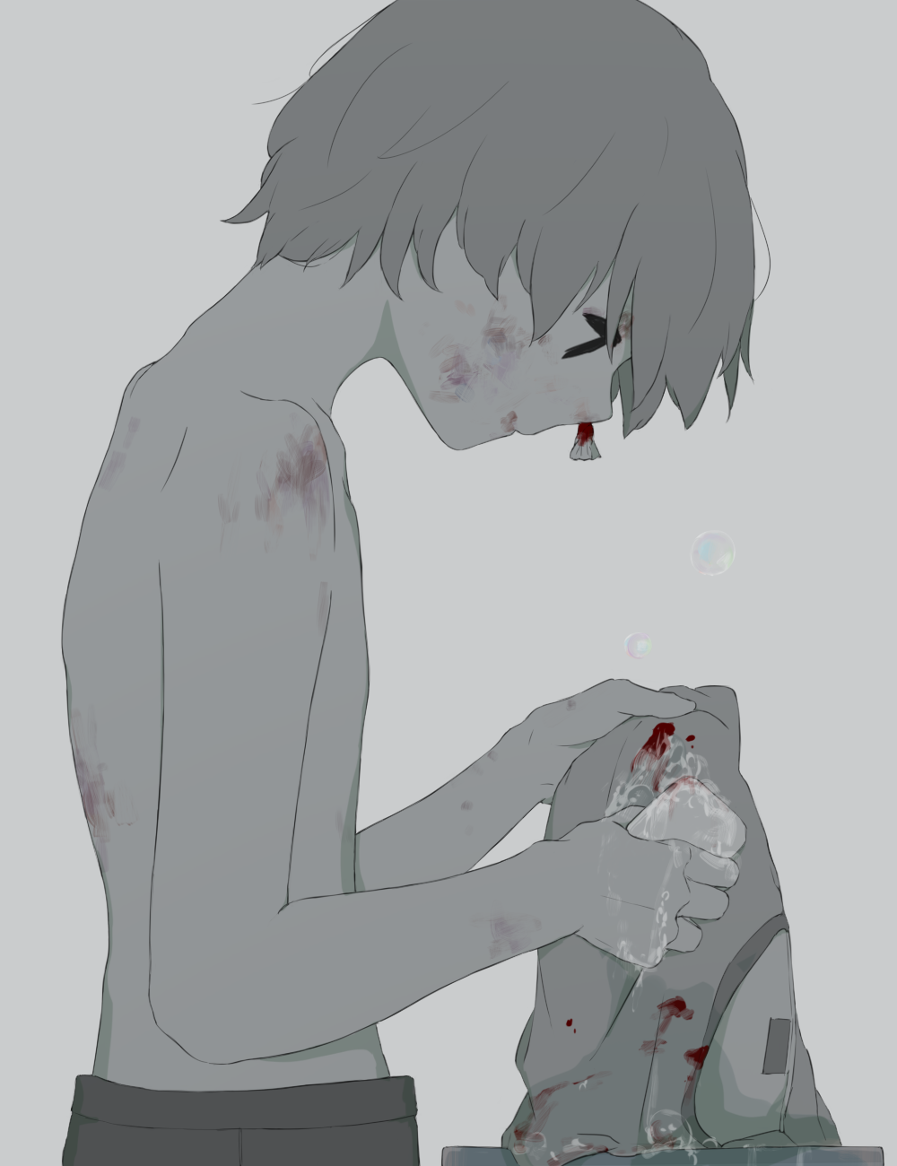 1boy, avogado6, black_eyes, bruise, bruise_on_face, closed_mouth, commentary_request, from_side