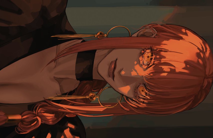 1girl, @_@, braid, braided_ponytail, breasts, brown_hair, chainsaw_man, choker