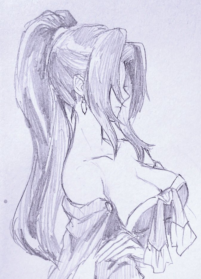 1girl, bare_shoulders, breasts, cleavage, closed_mouth, dress, earrings, jewelry, long_hair, mavelle_froessen, monochrome, murata_tefu, ponytail, simple_background, solo, star_ocean, star_ocean:_first_departure, white_background