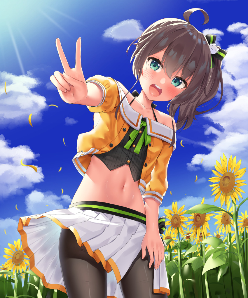 1girl, :d, absurdres, bare_shoulders, black_bow, black_ribbon, blue_sky, blush, bow, brown_hair, brown_pantyhose, buttons, camisole, cat_hair_ornament, closed_mouth, cloud, collarbone, commentary_request, day, flower, green_eyes, green_ribbon, hair_between_eyes, hair_ornament, hair_ribbon, hands_up, highres, hololive, jacket, k_mugura, looking_at_viewer, medium_hair, medium_skirt, midriff, natsuiro_matsuri, natsuiro_matsuri_(1st_costume), navel, off-shoulder_jacket, off_shoulder, open_mouth, orange_jacket, outdoors, pantyhose, pinstripe_camisole, pinstripe_pattern, pleated_skirt, ribbon, side_ponytail, skirt, sky, smile, solo, standing, stomach, striped, sunflower, sunflower_petals, sunlight, teeth, upper_teeth_only, v, virtual_youtuber, white_skirt
