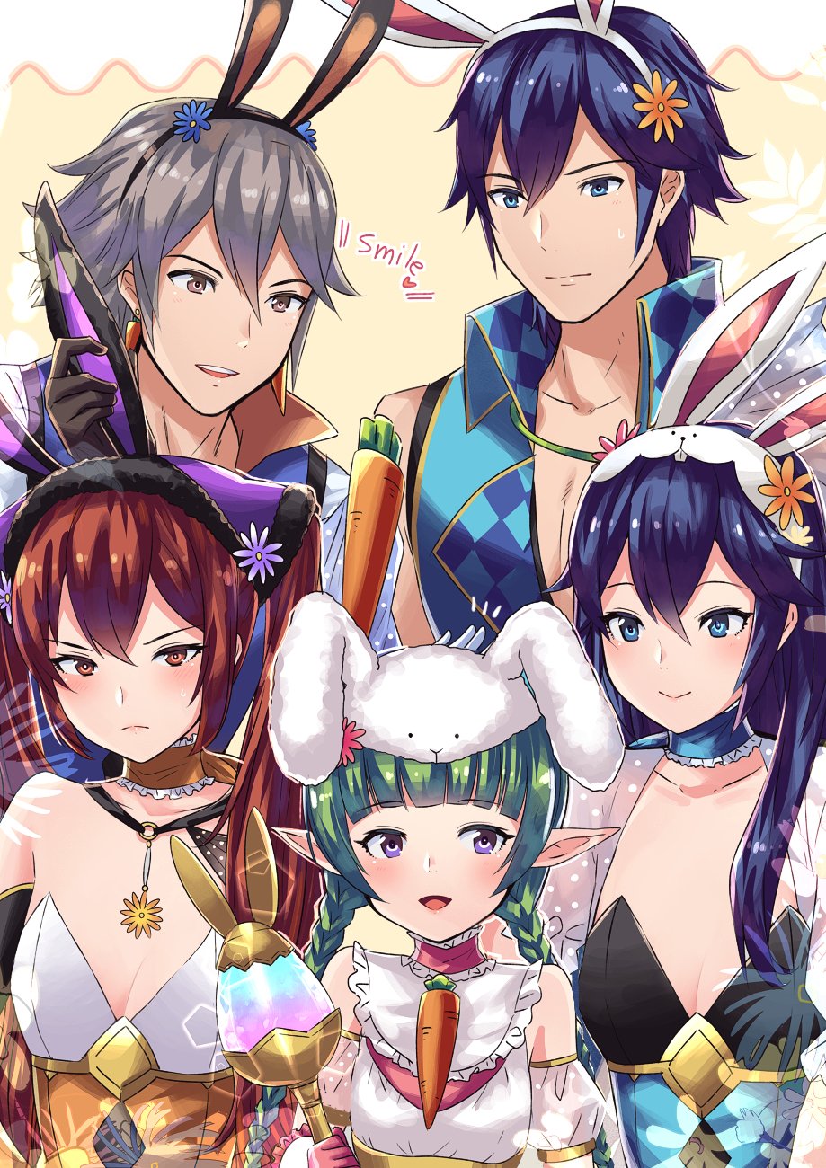 2boys, 3girls, alternate_costume, ameno_(a_meno0), animal_ears, bad_id, bad_twitter_id, blue_eyes, blue_hair, braid, brown_eyes, chrom_(fire_emblem), chrom_(spring_exalt)_(fire_emblem), easter, fake_animal_ears, fire_emblem, fire_emblem_awakening, fire_emblem_heroes, flat_chest, green_hair, grey_hair, highres, inigo_(fire_emblem), inigo_(spring)_(fire_emblem), long_hair, lucina_(fire_emblem), lucina_(spring_exalt)_(fire_emblem), matching_hair/eyes, multiple_boys, multiple_girls, nah_(fire_emblem), nah_(spring)_(fire_emblem), nintendo, official_alternate_costume, pointy_ears, purple_eyes, rabbit_ears, red_eyes, red_hair, severa_(fire_emblem), severa_(spring)_(fire_emblem), short_hair, symbol-shaped_pupils, twin_braids, twintails