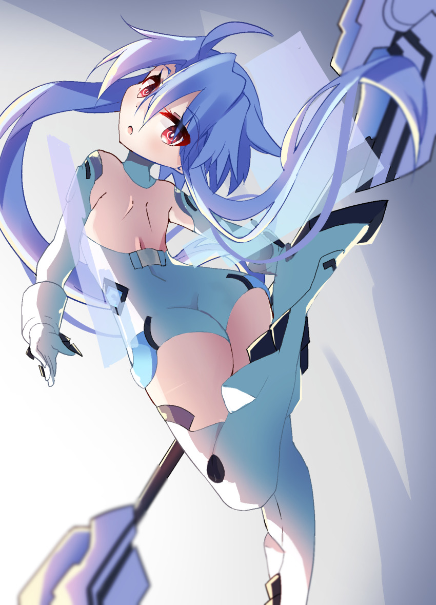 1girl, ahoge, ass, bare_shoulders, blanc_(neptunia), blue_hair, blush, breasts, elbow_gloves, from_behind, gloves, hair_between_eyes, highres, holding, holding_weapon, leotard, light_blue_hair, looking_at_viewer, neptune_(series), open_mouth, power_symbol, power_symbol-shaped_pupils, red_eyes, shimeji_wyvern, short_hair_with_long_locks, small_breasts, solo, symbol-shaped_pupils, thighhighs, weapon, white_gloves, white_heart_(neptunia), white_leotard