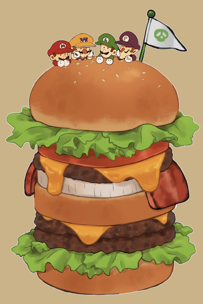 4boys, bacon, brown_background, brown_hair, burger, cheese, chibi, facial_hair