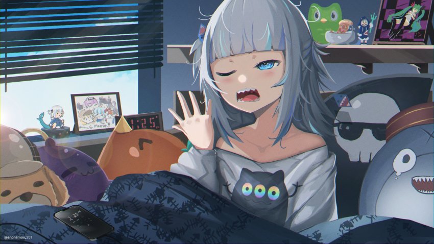 advarcher, aqua_hair, bed, blonde_hair, bloop_(gawr_gura), blue_hair, cellphone, clock, death-sensei_(mori_calliope), drawing_(object), duolingo, gawr_gura, hair_ornament, hatsune_miku, highres, hololive, hololive_english, long_hair, mori_calliope, multicolored_hair, ninomae_ina'nis, off_shoulder, open_mouth, phone, pink_hair, rls, sharp_teeth, shirt, smartphone, streaked_hair, stuffed_animal, stuffed_toy, takanashi_kiara, takodachi_(ninomae_ina'nis), teeth, twintails, twitter_username, virtual_youtuber, vocaloid, waking_up, watson_amelia, window, window_blinds