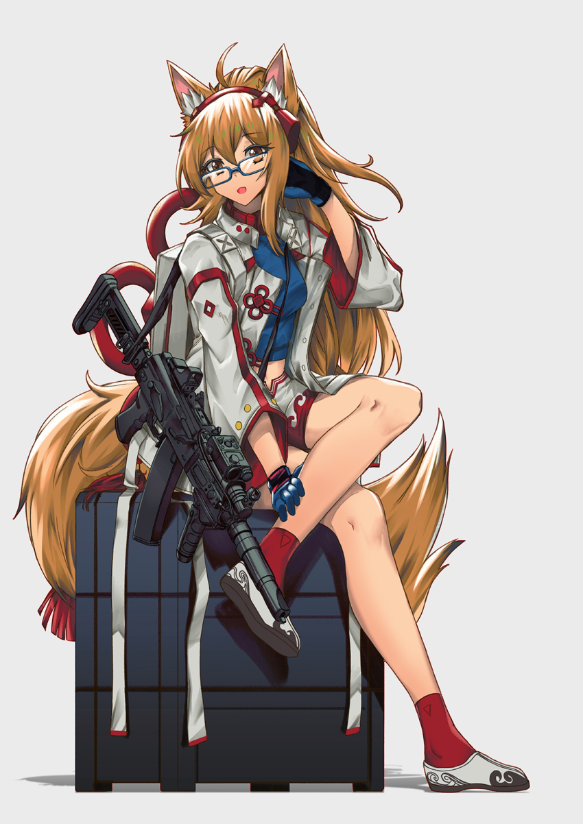 1girl, ak-74, ak-74u_(girls'_frontline), ak-74u_(lily_of_the_valley)_(girls'_frontline), aks-74u, animal_ears, assault_rifle, bare_legs, blonde_hair, blue_gloves, blue_shirt, brown_eyes, commission, concept_art, crossed_legs, girls'_frontline, glasses, gloves, gun, hair_ornament, hand_on_leg, hand_on_own_head, headphones, highres, holding, holding_weapon, jacket, kalashnikov_rifle, long_hair, looking_at_viewer, official_alternate_costume, open_clothes, open_jacket, open_mouth, original, over_shoulder, persocon93, pixiv_commission, red_legwear, rifle, shirt, sitting, solo, tail, weapon, weapon_over_shoulder, white_background, white_footwear, white_jacket