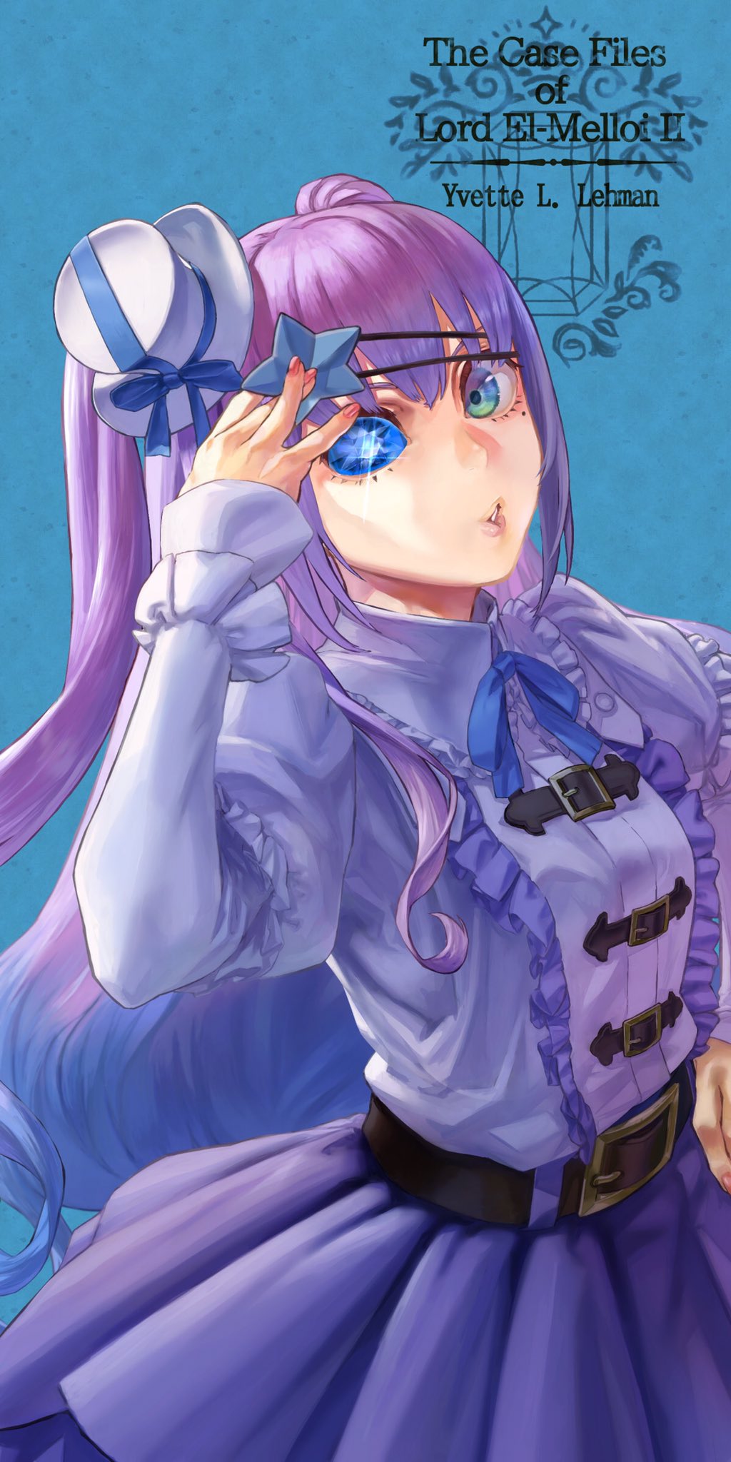 1girl, artificial_eye, belt, blue_background, blue_ribbon, character_name, commentary_request, copyright_name