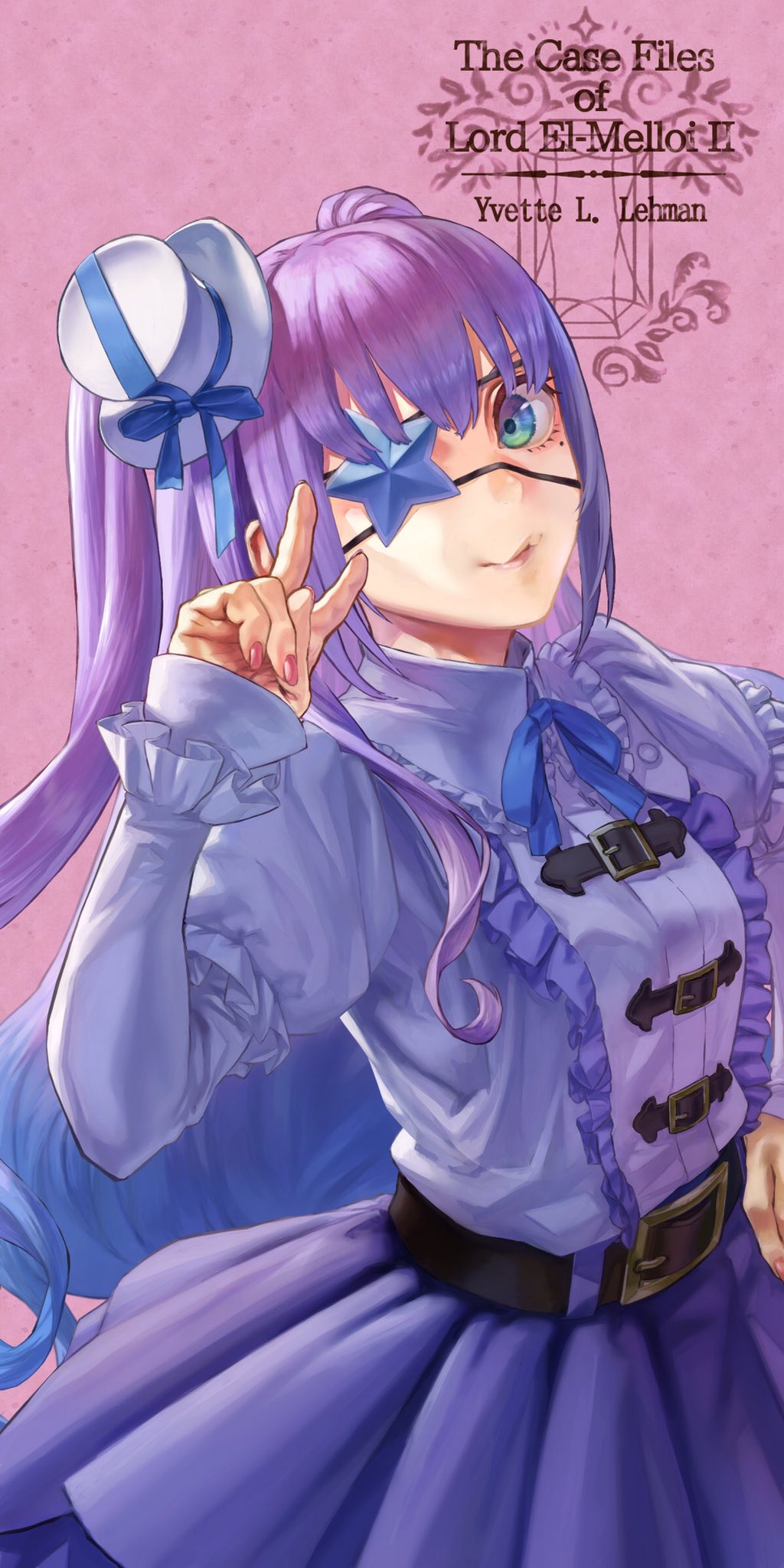 1girl, belt, blue_ribbon, character_name, commentary_request, copyright_name, eyepatch, fate_(series), fingernails, frilled_shirt, frills, green_eyes, hat, hat_ribbon, highres, juliet_sleeves, long_hair, long_sleeves, lord_el-melloi_ii_case_files, mini_hat, mini_top_hat, mole, mole_under_eye, nail_polish, one_eye_covered, pink_background, pink_nails, puffy_sleeves, purple_hair, purple_shirt, purple_skirt, ribbon, shirt, simple_background, skirt, solo, star_eyepatch, tilted_headwear, top_hat, very_long_hair, white_hat, yomoyama_yotabanashi, yvette_l._lehrman