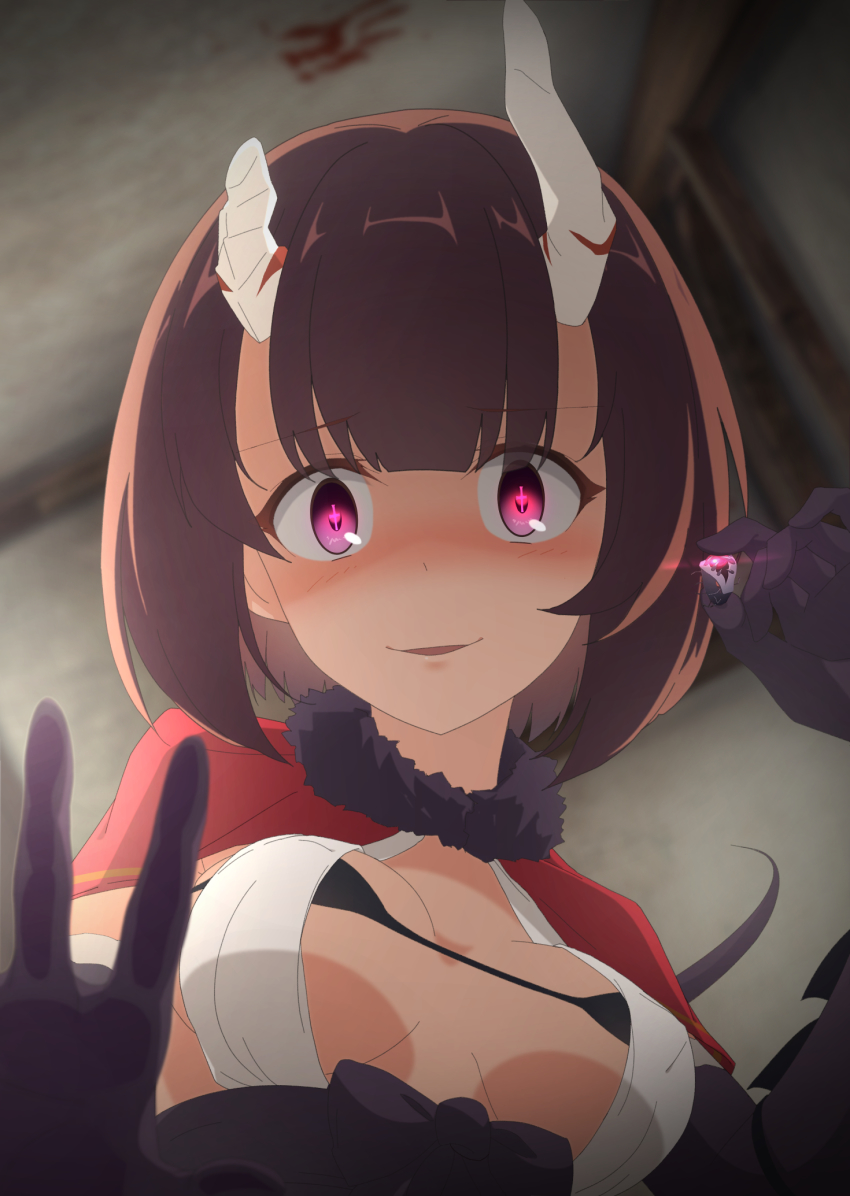 +_+, 1girl, black_bra, black_gloves, blush, bob_cut, bra, breasts, breasts_apart, broken_horn, capelet, crazy_eyes, crazy_smile, demon_girl, demon_horns, elbow_gloves, eriko_(princess_connect!), gloves, highres, holding, holding_jewelry, holding_ring, horns, jewelry, looking_at_viewer, medium_breasts, nose_blush, nta_(drapa_box10), princess_connect!, red_capelet, ring, shaded_face, shirt, short_hair, smile, solo, tail, underwear, white_shirt, yandere