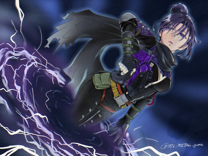 1girl, animification, apex_legends, black_bodysuit, black_gloves, black_scarf, blue_eyes, bodysuit