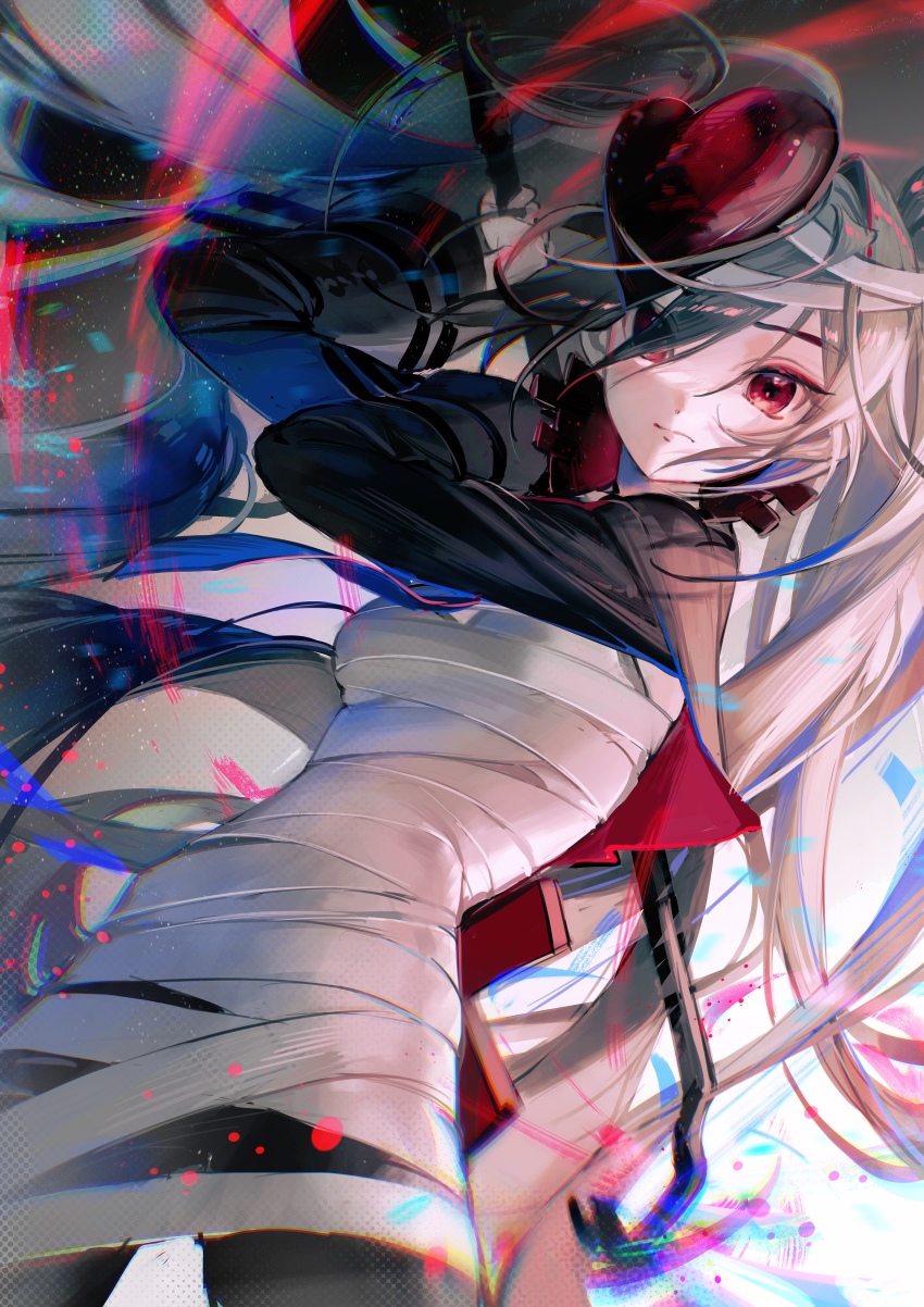 1girl, absurdres, bandages, character_request, copyright_request, cowboy_shot, hatsune_miku, hatsune_miku_(bandaged_heart), heart, highres, holding, long_hair, long_sleeves, looking_at_viewer, pantyhose, red_eyes, rumoon, sarashi, silver_hair, solo, standing, very_long_hair