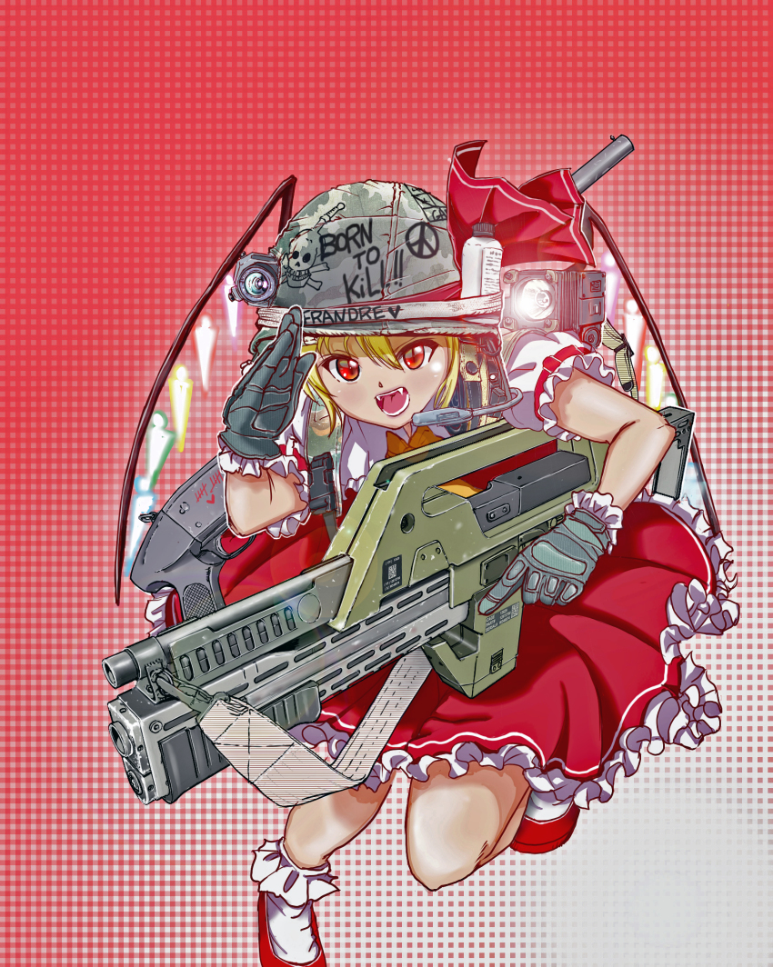 1girl, alien_(series), aliens_(1986), assault_rifle, backpack, bag, blonde_hair, bobby_socks