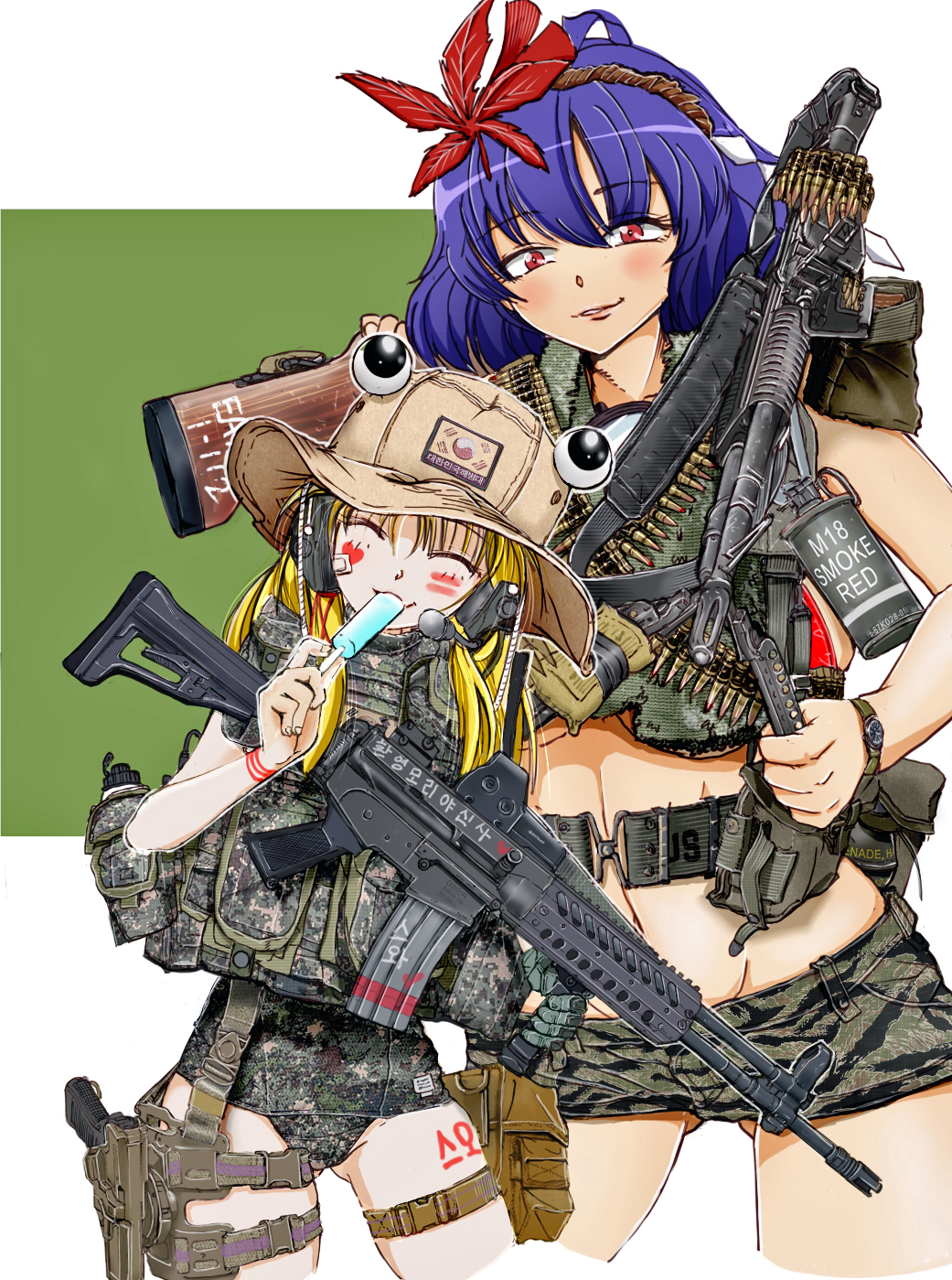 2girls, 7.62x51mm_nato, ammunition, ammunition_belt, assault_rifle, bandolier, belt, black_headband