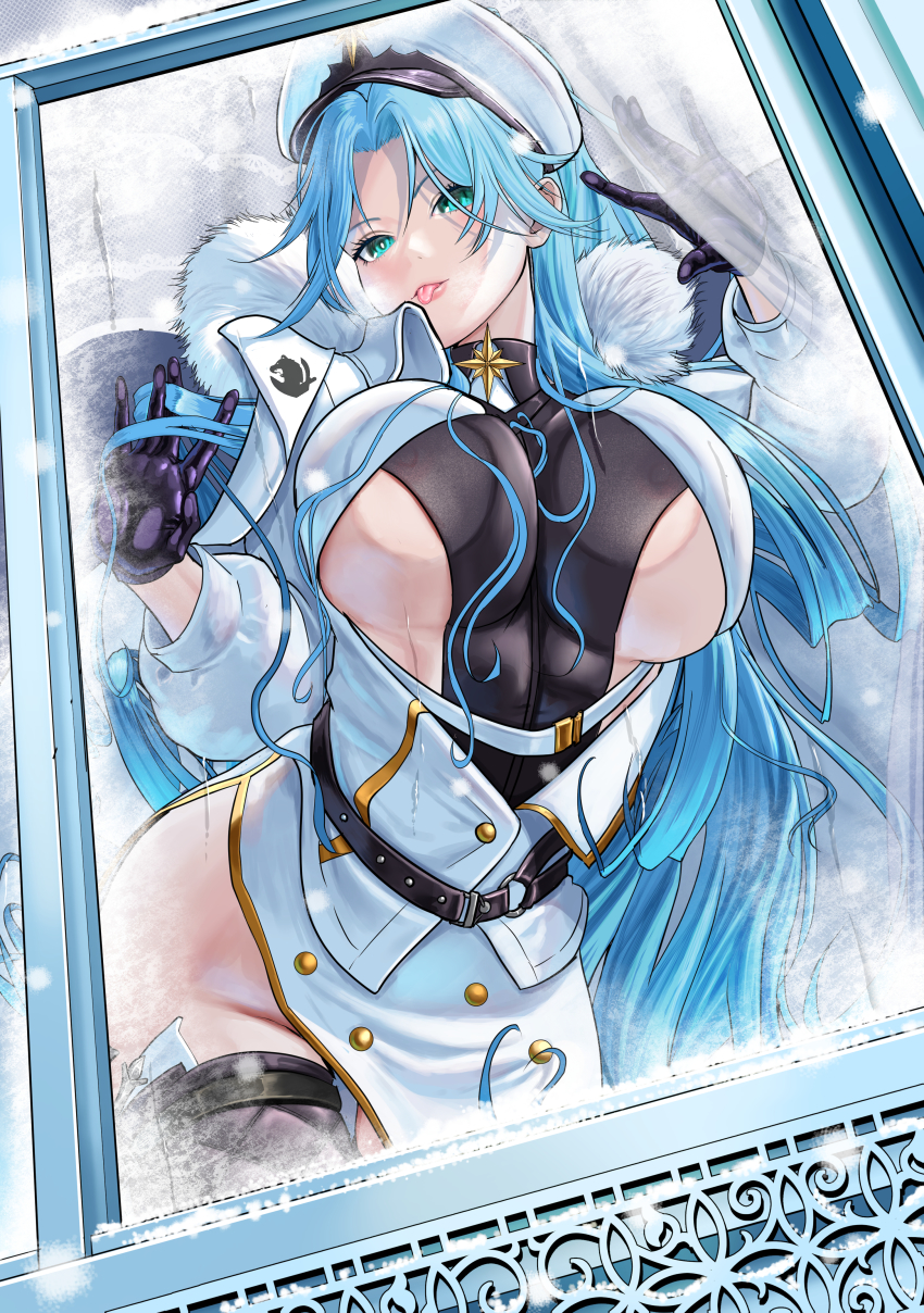 1girl, absurdres, against_glass, azur_lane, black_gloves, black_thighhighs, blue_eyes, blue_hair