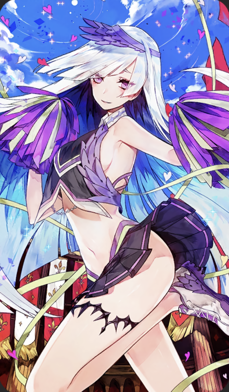 1girl, alternate_costume, ass, breasts, brynhild_(fate), cheerleader, craft_essence_(fate), day, eyes_visible_through_hair, fate/grand_order, fate_(series), grey_hair, heart, highres, long_hair, miniskirt, mo_(mocopo), navel, official_art, pom_pom_(cheerleading), purple_eyes, sideboob, skirt, sparkle, standing, standing_on_one_leg, very_long_hair