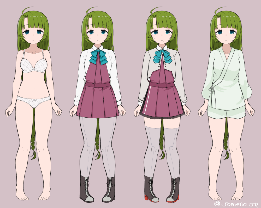 1girl, barefoot, blue_eyes, blue_neckwear, blunt_bangs, boots, bra, braid