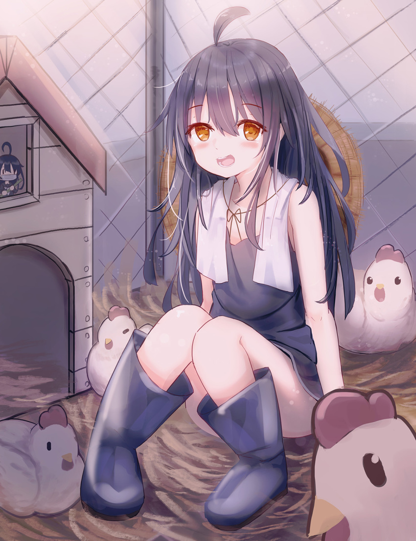 1girl, ahoge, alternate_costume, animal, bird, black_dress, black_footwear, blush