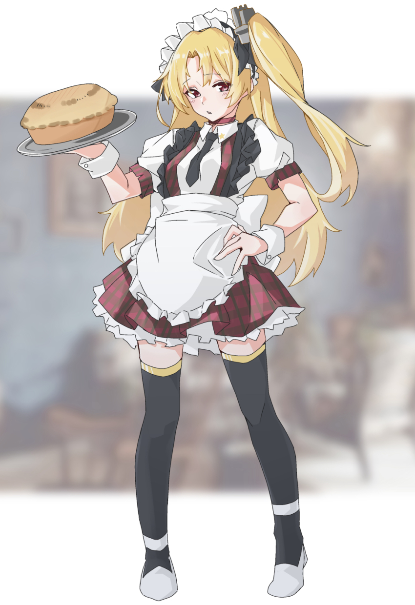 1girl, alternate_costume, apron, azur_lane, black_necktie, black_thighhighs, blonde_hair, blurry