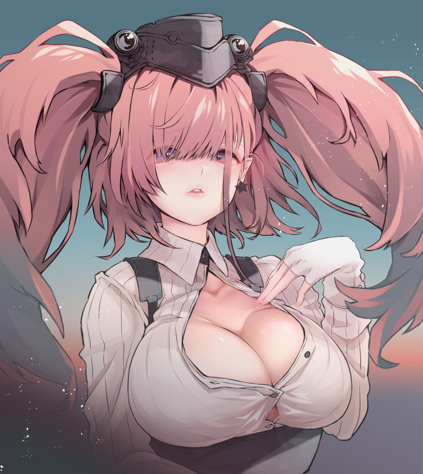 1girl, atlanta_(kancolle), black_hat, black_skirt, blue_eyes, breasts, brown_hair, button_gap