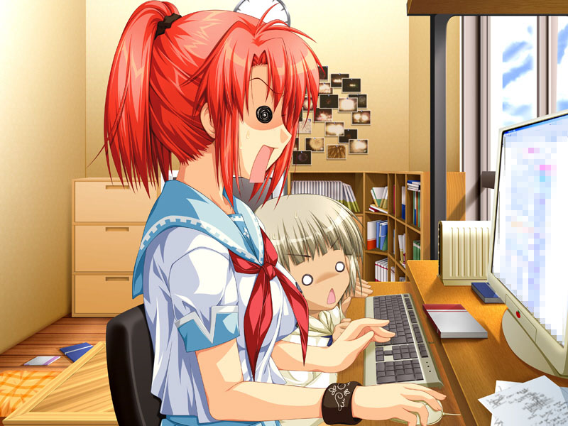 2girls, 5pb., :<, alpha_(yukai_na_nakamatachi), blonde_hair, censored, child, computer, game_cg, internet, computer_keyboard, mana_(sharin_no_kuni), mitsuhiro_sachi, multiple_girls, o_o, open_mouth, ponytail, red_hair, school_uniform, sharin_no_kuni_himawari_no_shoujo, short_hair, surprised, wristband
