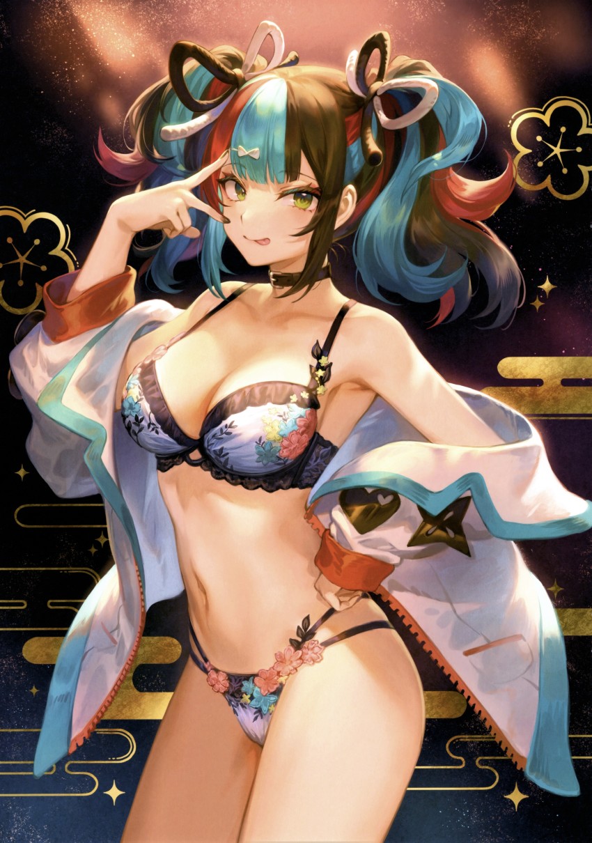 1girl, absurdres, bare_shoulders, blue_hair, bra, breasts, brown_hair, cleavage, collar, collarbone, fate/grand_order, fate_(series), floral_print, green_eyes, hair_ornament, hairclip, hand_on_own_hip, hand_up, highres, lace_trim, lingerie, long_sleeves, looking_at_viewer, mashutarou_(neko_no_oyashiro), medium_breasts, multicolored_hair, navel, off_shoulder, red_hair, scan, sei_shounagon_(fate), sei_shounagon_(first_ascension)_(fate), smile, solo, stomach, thighs, tongue, tongue_out, twintails, underwear