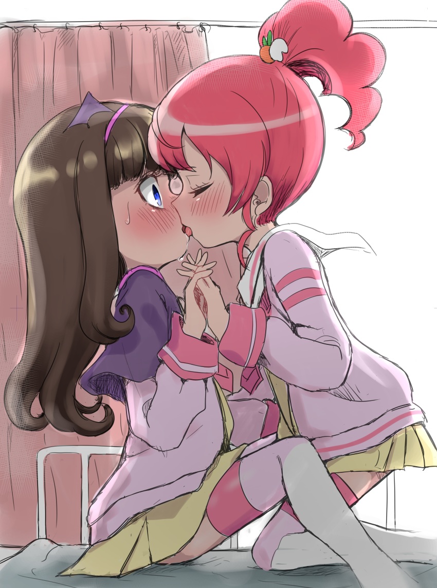 2girls, absurdres, bed, bed_sheet, blue_eyes, blunt_bangs, blush, brown_hair