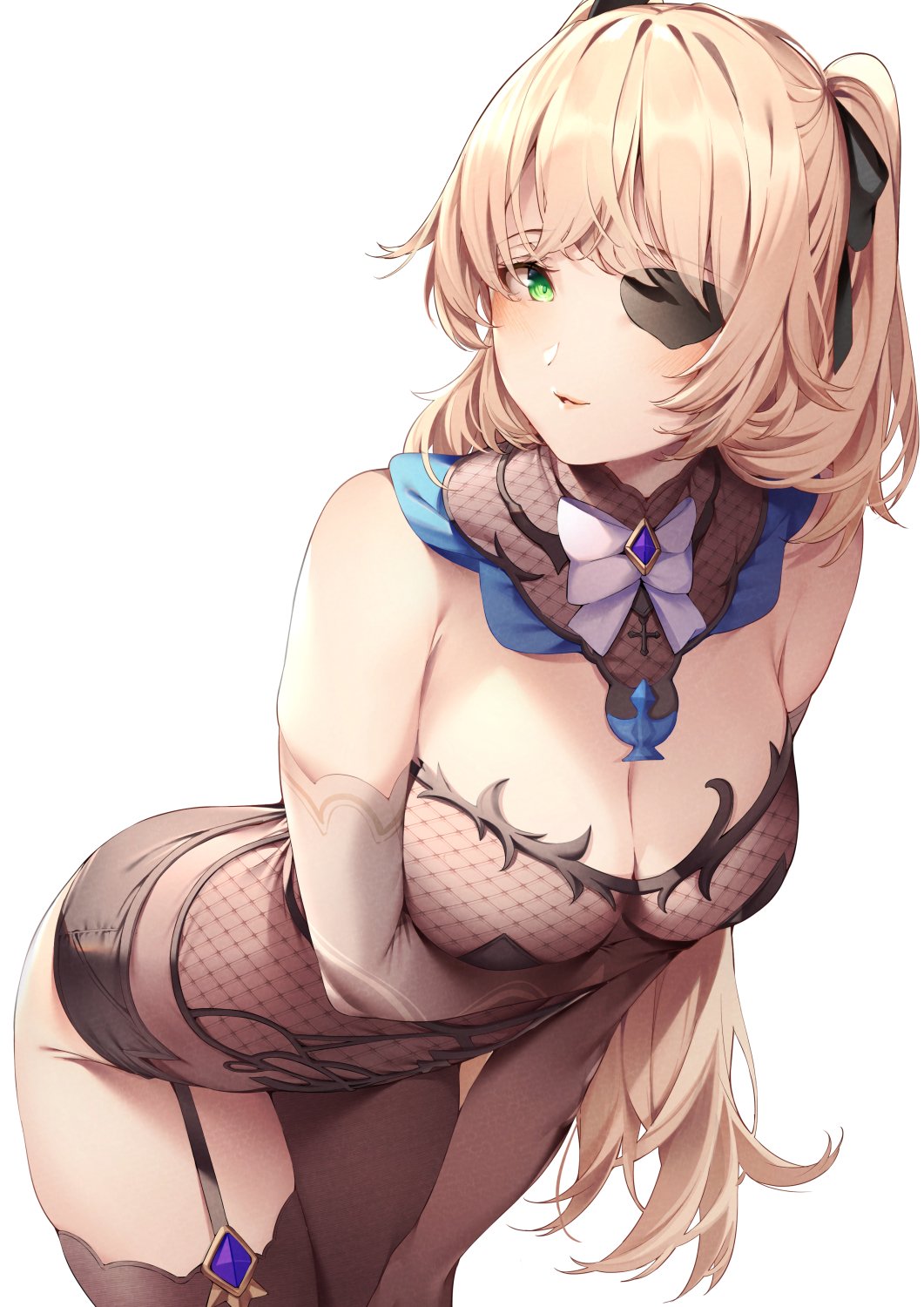 1girl, amagimei, arched_back, arm_under_breasts, bare_shoulders, black_gloves, black_ribbon, black_thighhighs, blonde_hair, bodystocking, breasts, commentary, detached_collar, elbow_gloves, eyepatch, fischl_(genshin_impact), garter_straps, genshin_impact, gloves, green_eyes, hair_ribbon, highres, large_breasts, leaning_forward, long_hair, looking_at_viewer, ribbon, simple_background, single_thighhigh, solo, thighhighs, thighs, vision_(genshin_impact), white_background