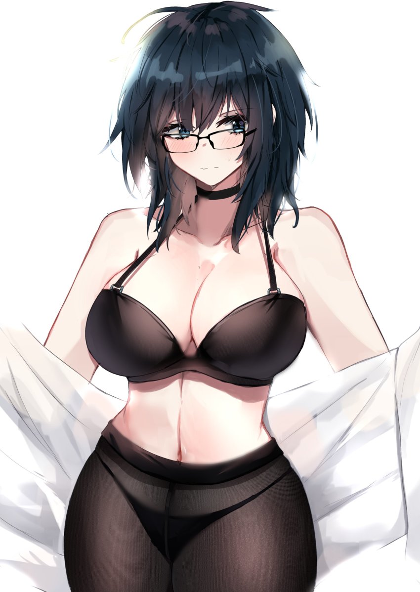 absurdres, animeattics, black_bra, black_hair, black_panties, black_pantyhose, blue_eyes, borrowed_character