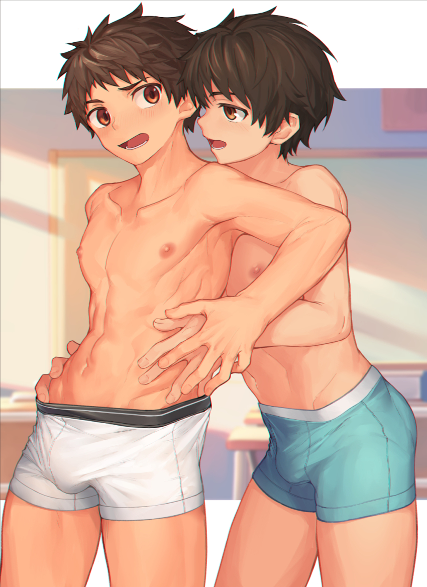 2boys, aqua_male_underwear, blue_boxer_briefs, blush, boxer_briefs, brown_eyes, brown_hair, bulge, classroom, collarbone, cowboy_shot, finger_gun, hand_grab, hand_on_another's_hip, highres, indoors, male_focus, male_underwear, multiple_boys, navel, nayoshi_(r-744), nipples, open_mouth, original, outside_border, profile, school, short_hair, spiked_hair, toned, toned_male, topless_male, underwear, underwear_only, white_boxer_briefs, white_male_underwear, yaoi
