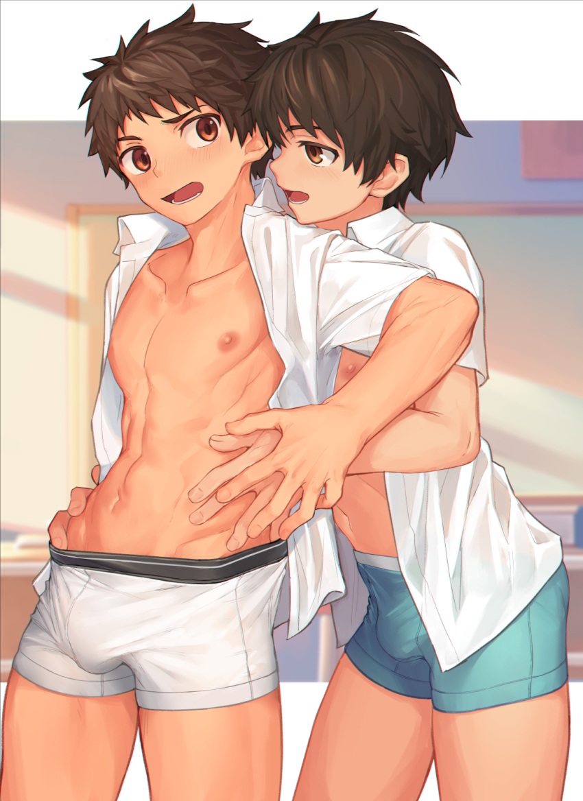 2boys, abs, aqua_male_underwear, blue_boxer_briefs, blue_male_underwear, blush, boxer_briefs, brown_eyes, brown_hair, bulge, classroom, collarbone, cowboy_shot, dress_shirt, hand_grab, hand_on_another's_hip, highres, indoors, male_focus, male_underwear, multiple_boys, navel, nayoshi_(r-744), nipples, no_pants, open_clothes, open_mouth, open_shirt, original, outside_border, profile, school, shirt, short_hair, short_sleeves, spiked_hair, standing, teeth, toned, toned_male, underwear, white_boxer_briefs, white_male_underwear, white_shirt, yaoi