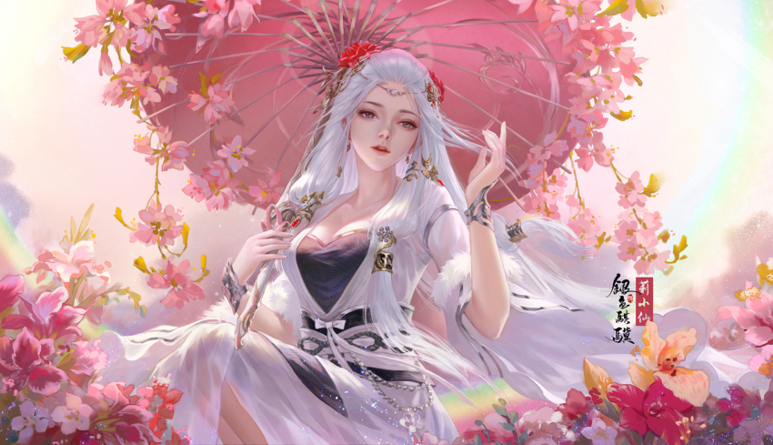 1girl, breasts, chinese_clothes, cleavage, flower, grey_eyes, hair_flower, hair_ornament