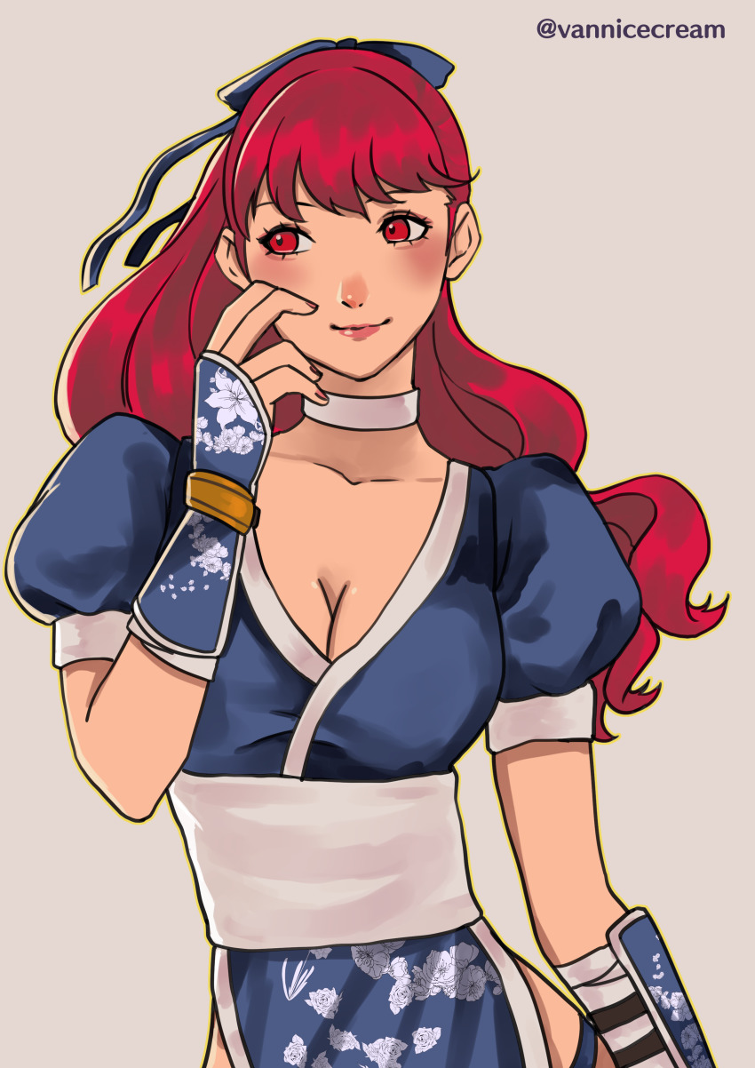 1girl, absurdres, bad_id, bad_twitter_id, blue_bow, blush, bow, breasts, choker, cleavage, closed_mouth, cosplay, dead_or_alive, facing_viewer, female_focus, hair_bow, hand_up, highres, kasumi_(doa), kasumi_(doa)_(cosplay), lips, looking_away, looking_to_the_side, matching_hair/eyes, medium_breasts, name_connection, ninja, persona, persona_5, persona_5_the_royal, ponytail, puffy_short_sleeves, puffy_sleeves, red_eyes, red_hair, short_sleeves, smile, solo, twitter_username, upper_body, vanillasketches, white_choker, yoshizawa_kasumi