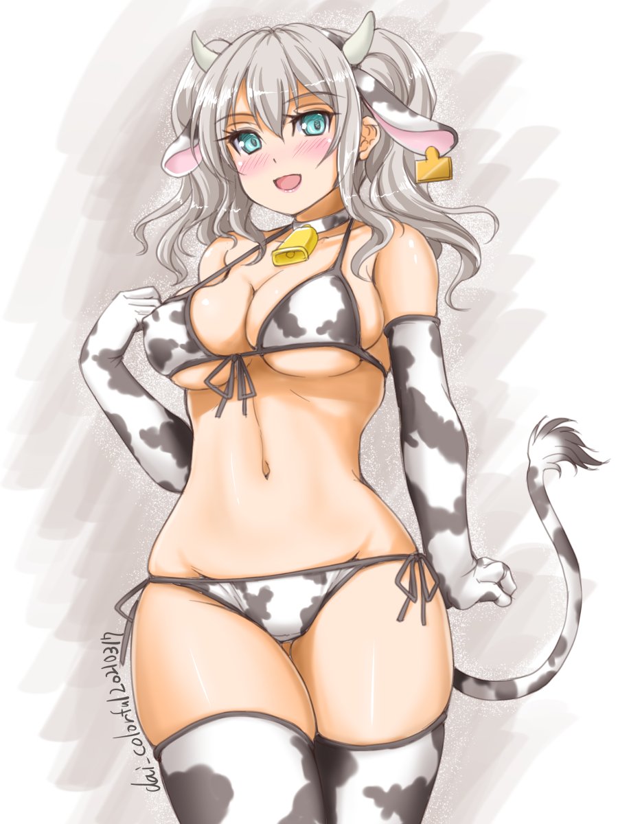 1girl, akimoto_dai, animal_ears, animal_print, bikini, blue_eyes, breasts, cow_ears