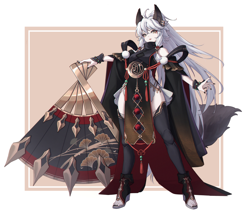 1girl, absurdres, animal_ears, black_nails, black_thighhighs, breasts, detached_sleeves, full_body