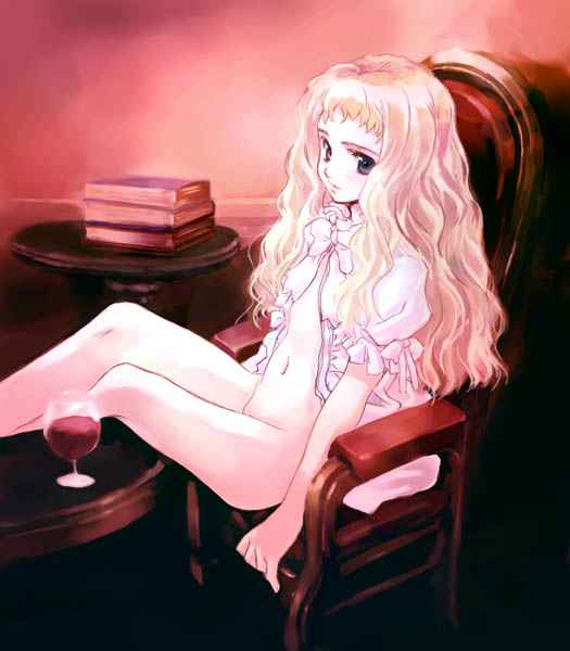 1girl, blonde_hair, breasts, chair, cup, drinking_glass, long_hair, matsumoto