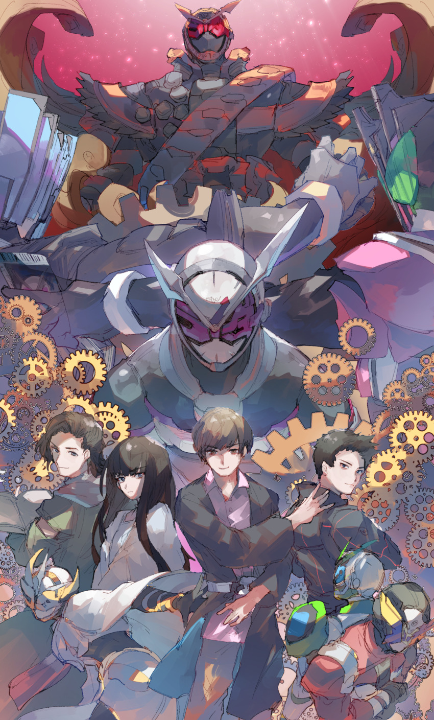 2girls, 6+boys, arm_up, armor, belt, black_bodysuit, black_coat, black_hair