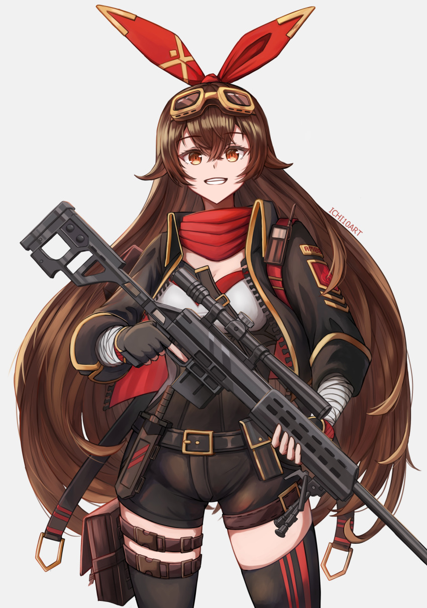1girl, absurdres, alternate_costume, amber_(genshin_impact), belt, brown_eyes, brown_hair, fingerless_gloves, genshin_impact, gloves, goggles, goggles_on_head, grin, gun, hairband, highres, ichi10art, jacket, knife, long_hair, looking_at_viewer, open_clothes, open_jacket, rifle, shorts, smile, sniper_rifle, solo, thighhighs, weapon, weapon_request, white_background, zettai_ryouiki