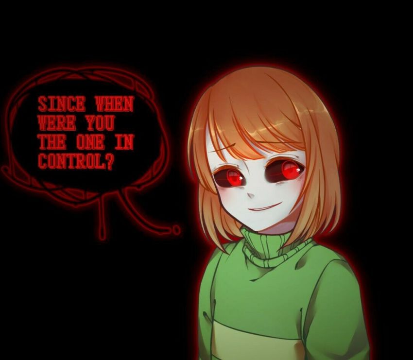 1other, black_sclera, blind_bridy, chara_(undertale), colored_sclera, dark_background, english_text, glowing, glowing_eyes, green_sweater, light_brown_hair, looking_at_viewer, pale_skin, red_eyes, short_hair, smile, solo, sweater, undertale, utdr_(toby_fox)