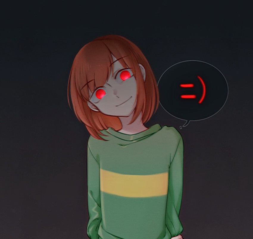 1other, =), blind_bridy, brown_eyes, chara_(undertale), dark_background, glowing, glowing_eyes